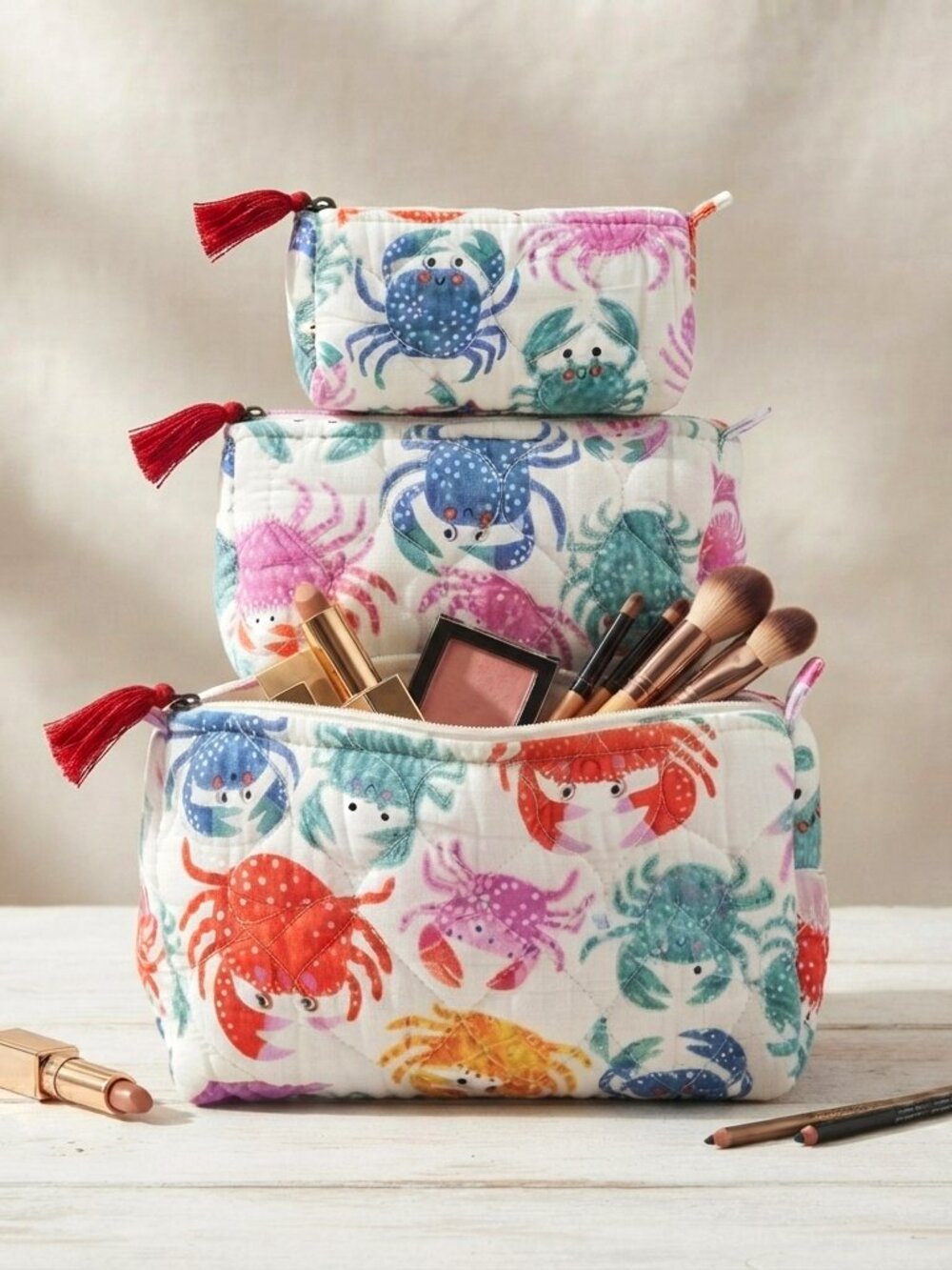Set Of 3 Block Print Toiletry Bags, Cotton Makeup Bag, Cosmetic Bag Set Gift